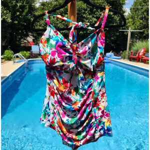 Suddenly Slim BY CATALINA 2X Tropical Floral Ruched One Piece‎ Halter Swimsuit